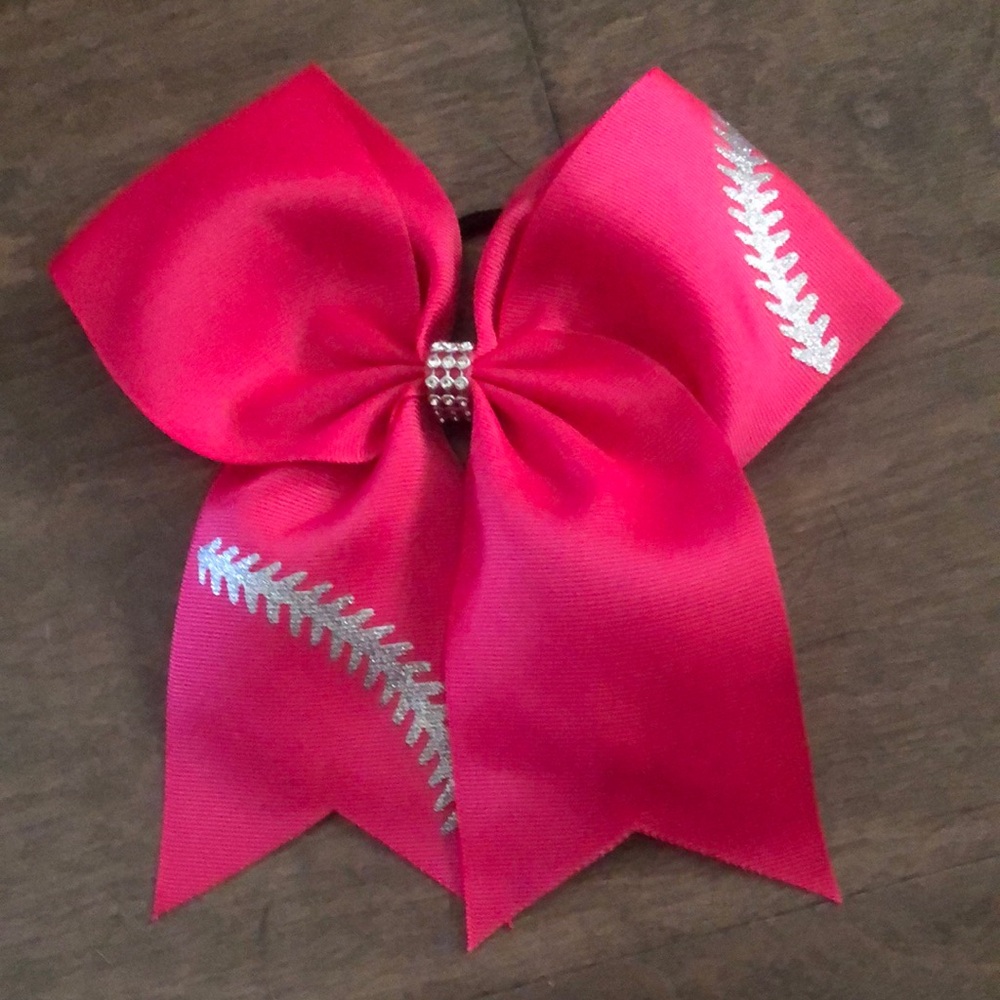 Pink Hair baseball softball hair Bow with Silver Accents